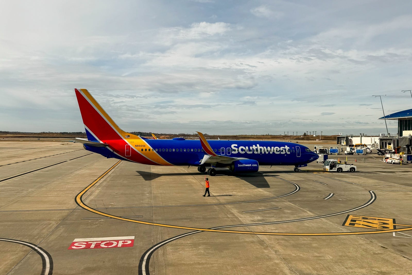 A Southwest Airlines aircraft pushes back at Charlotte Douglas International Airport (CLT).