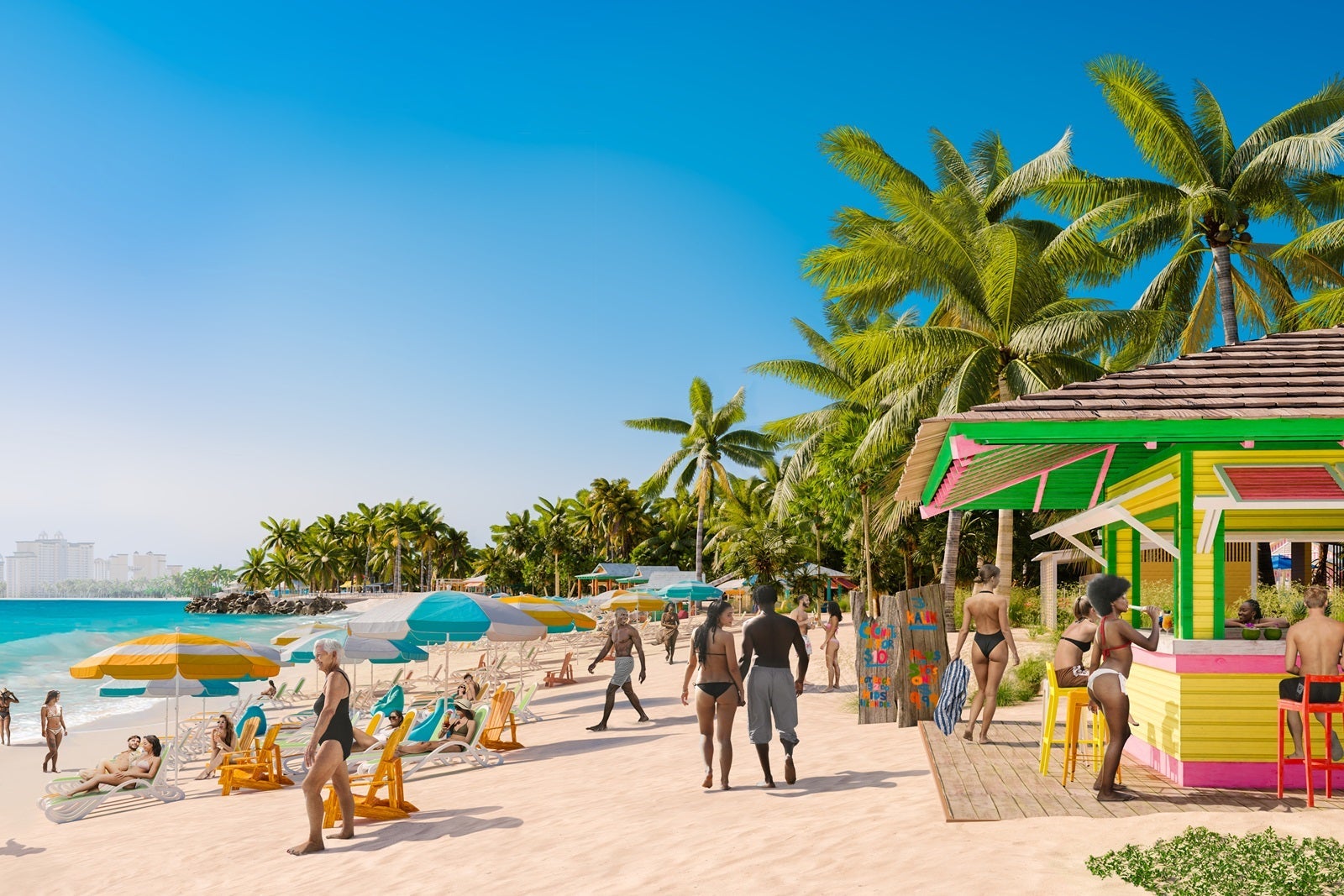 A rendering of a colorful hut on a beach on a cruise line's private island