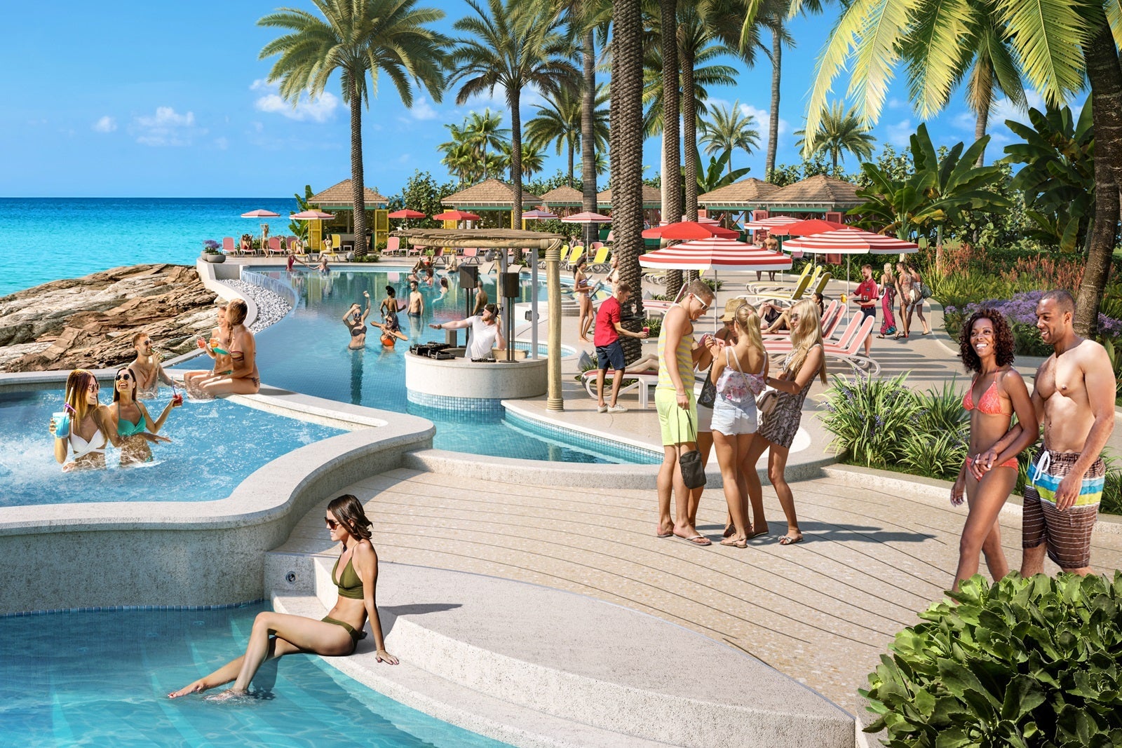 Rending of the party beach and pool area on a cruise line private island