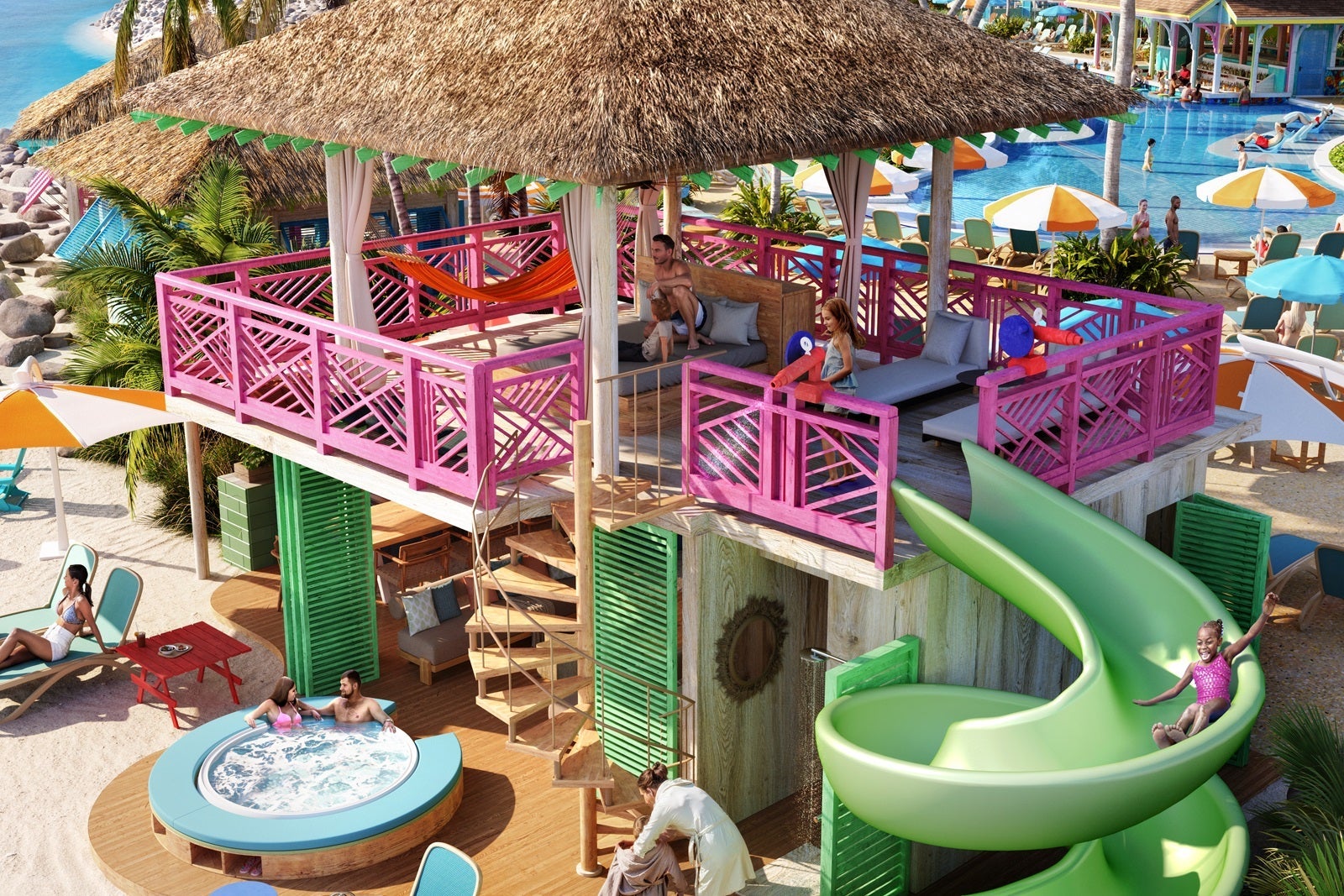 A rendering of a beachside cabana with two stories, a thatched roof, a pink railing and a green twisty slide