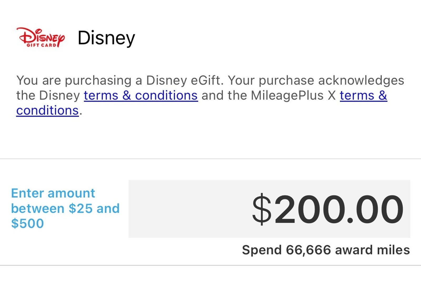 Pricing for $200 in Disney gift cards on the MileagePlus X app