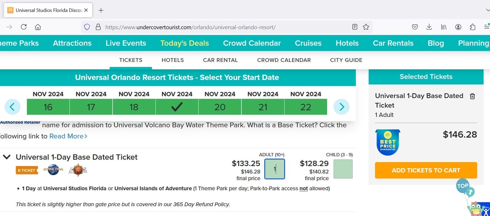 Pricing for a one-day Universal Orlando adult ticket on Undercover Tourist
