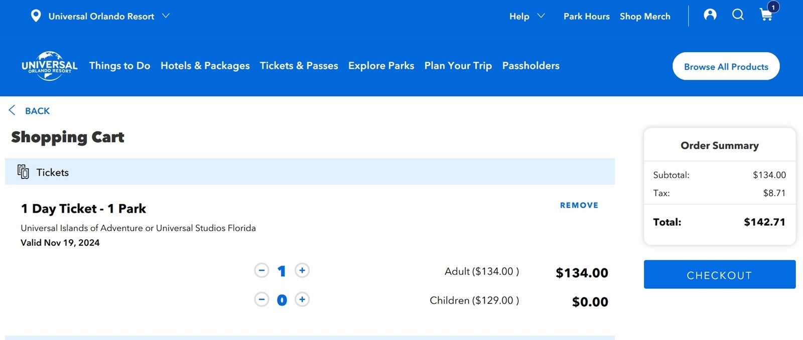 The Universal Orlando website, showing pricing for a one-day adult ticket
