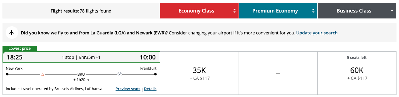 Aeroplan award itinerary from New York to Frankfurt