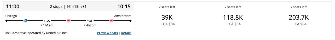 Air Canada award from Chicago to Amsterdam