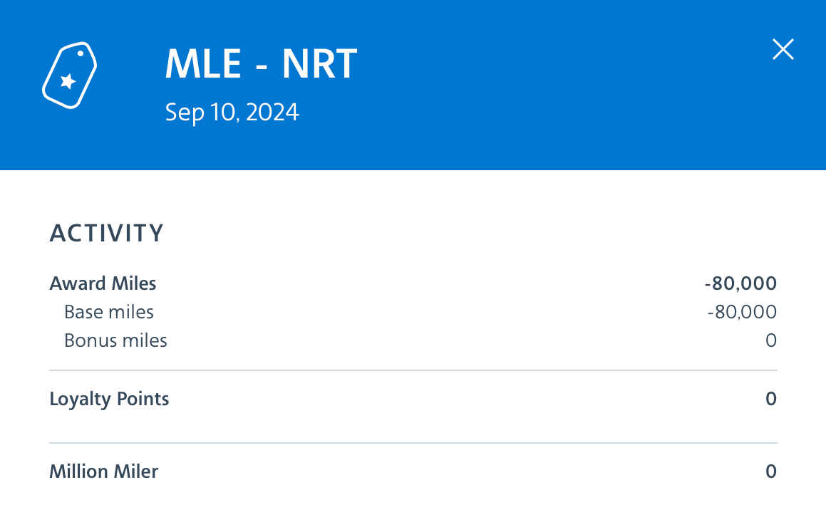 American Award Ticket from MLE to NRT