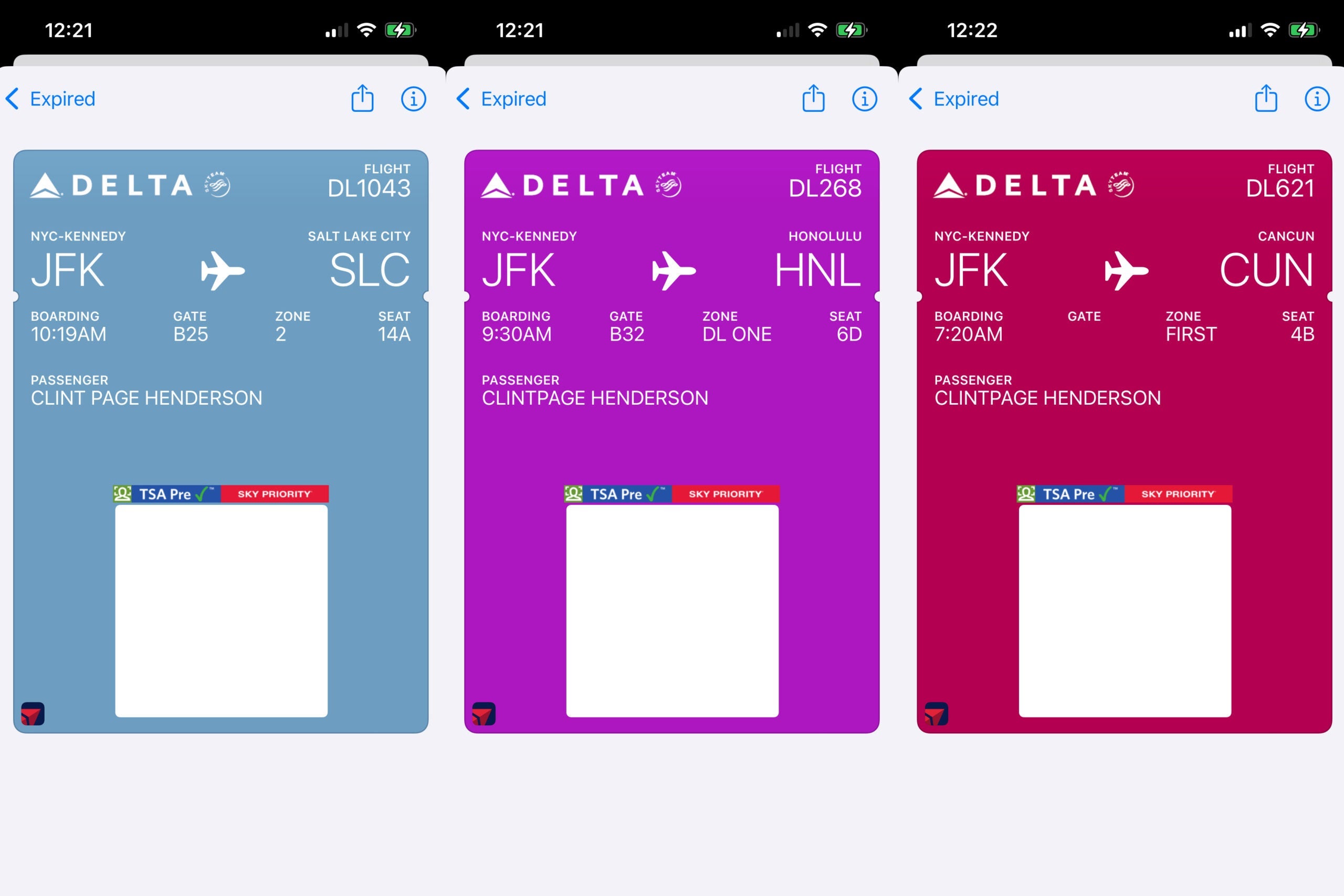 Delta boarding passes with biometric symbols.