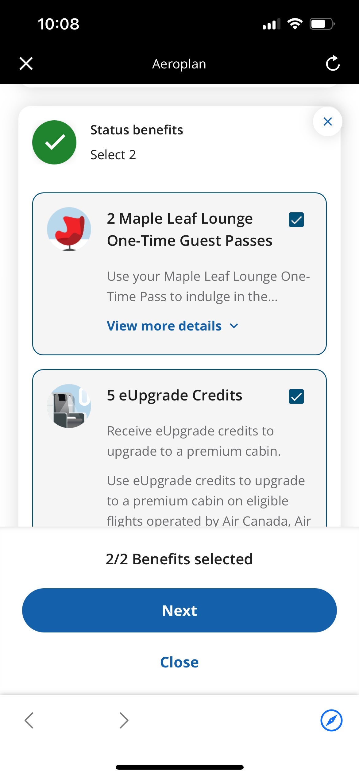 Air Canada Aeroplan status benefits page. AIR CANADA