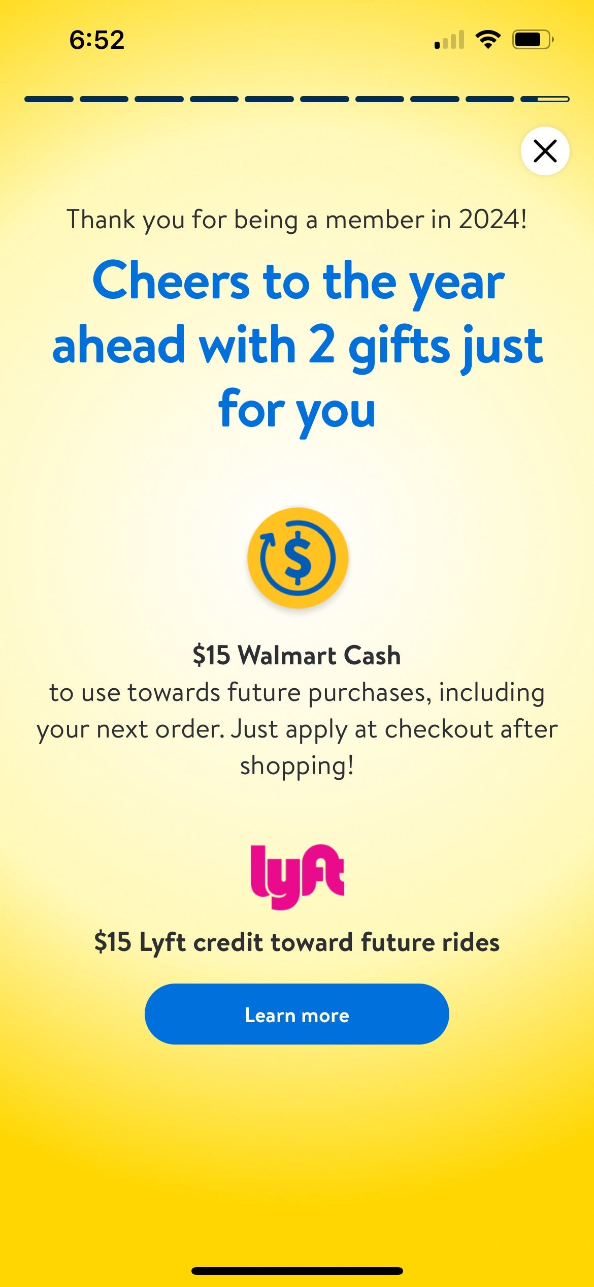 Walmart+ gifts for subscriber notification page.