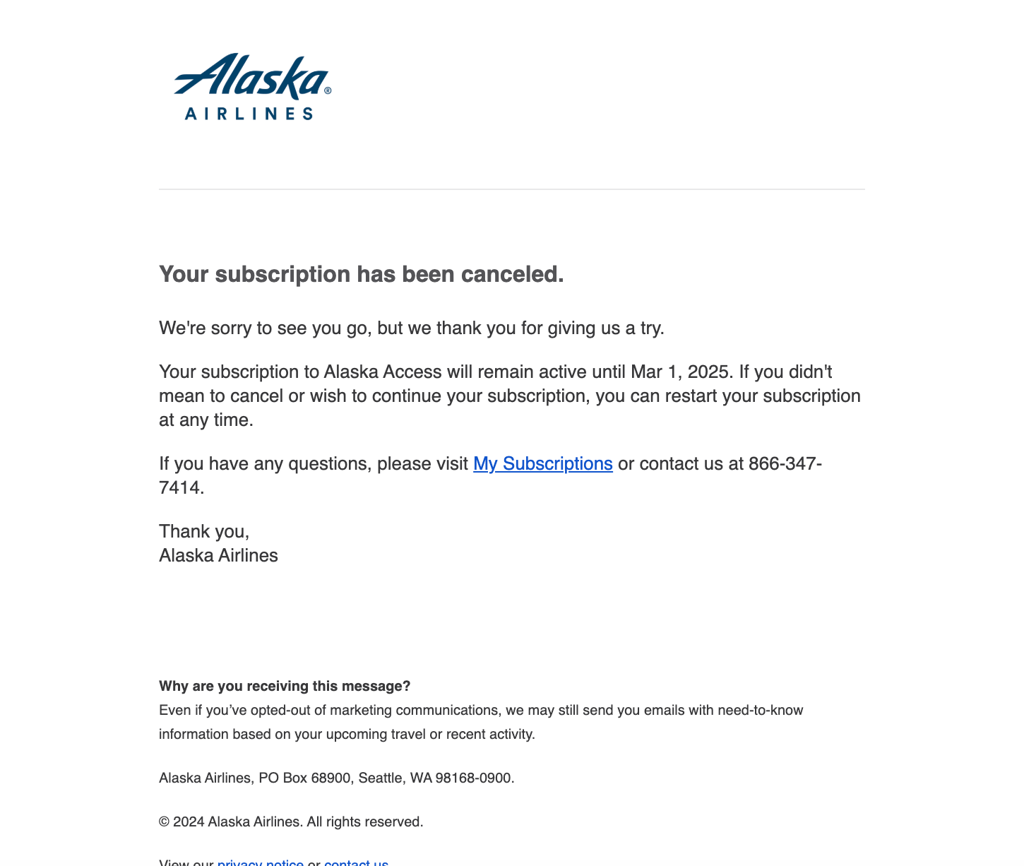 Alaska All Access cancellation.