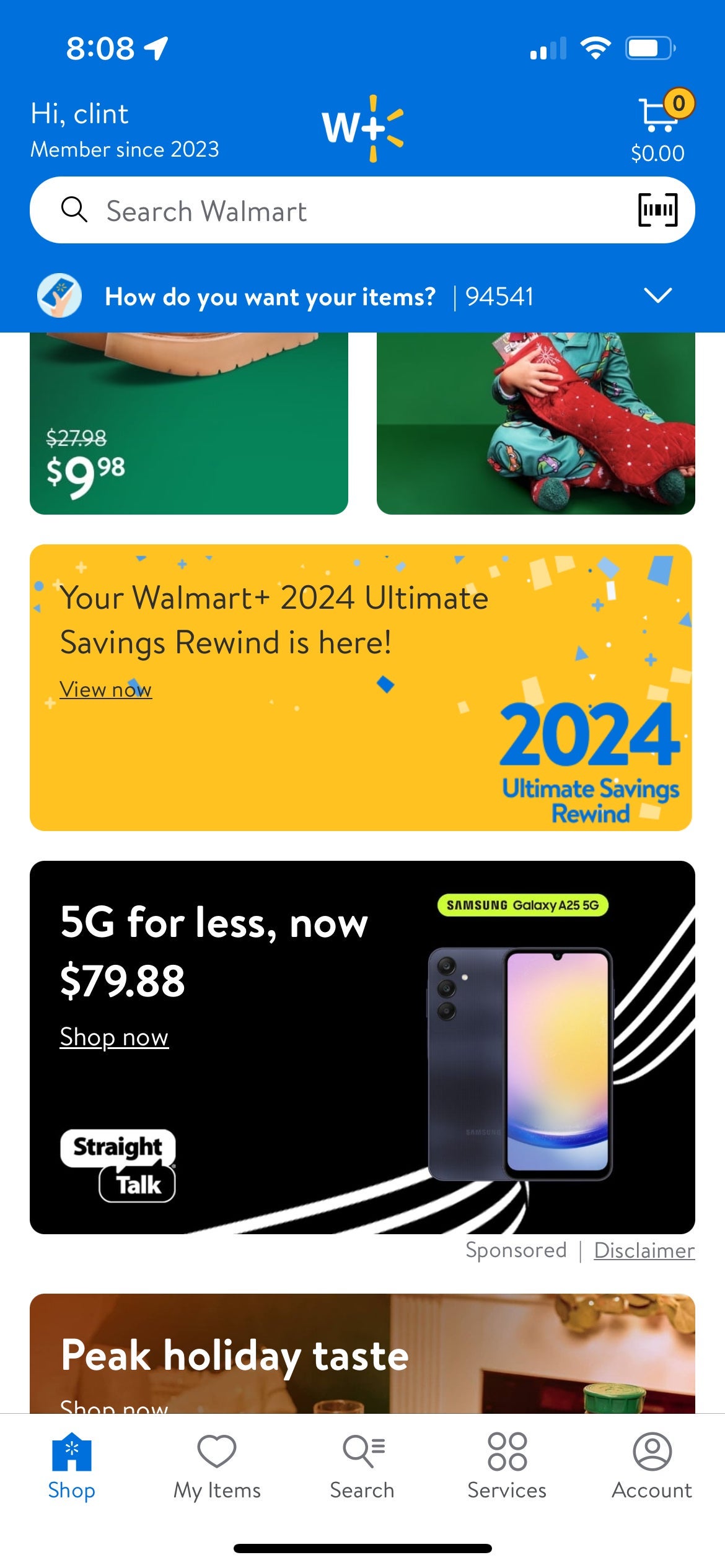 Walmart+ app home screen. WALMART