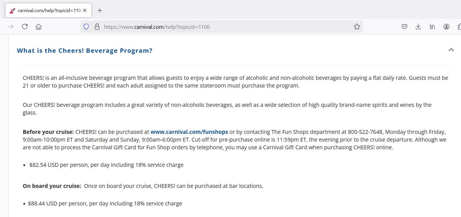 A screenshot of alcohol package pricing for Carnival Cruise Line