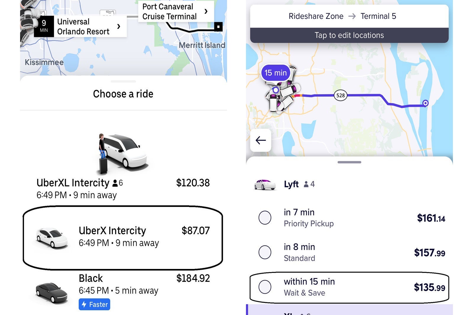 Uber and Lyft pricing between Universal Orlando and Port Canaveral