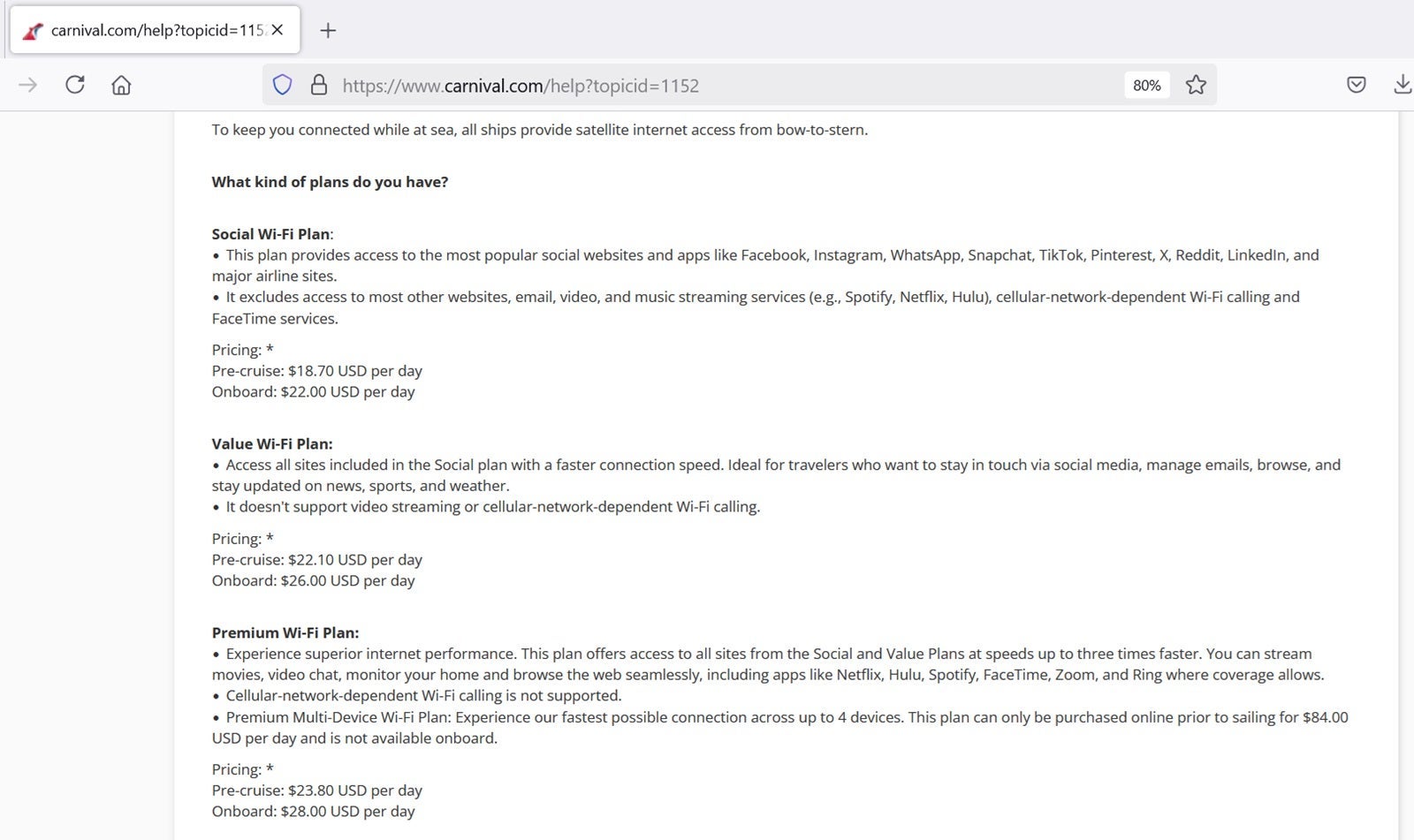 A screenshot of Wi-Fi pricing for Carnival Cruise Line