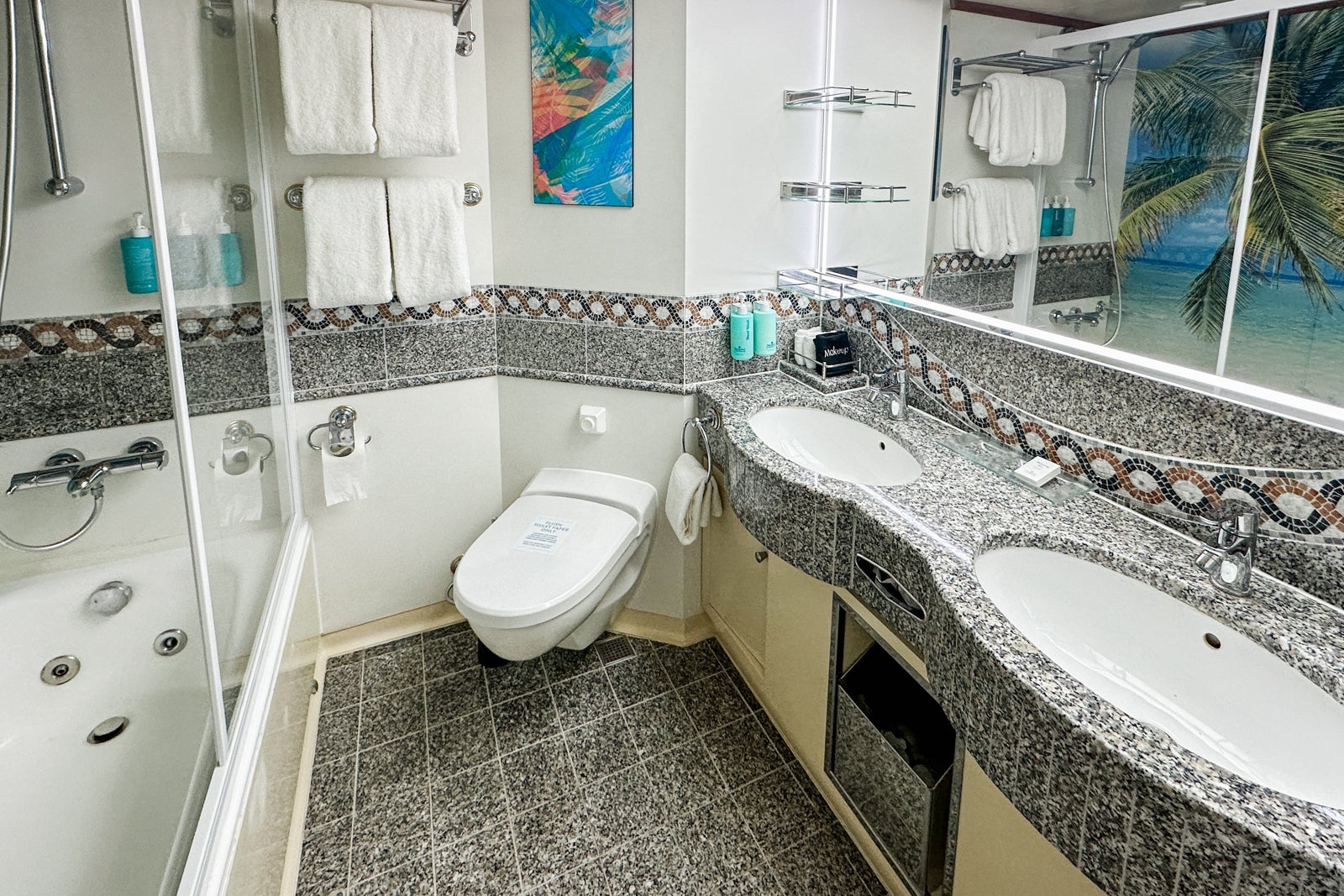 A cruise ship cabin bathroom with a bath tub, toilet, dual sink and mirror