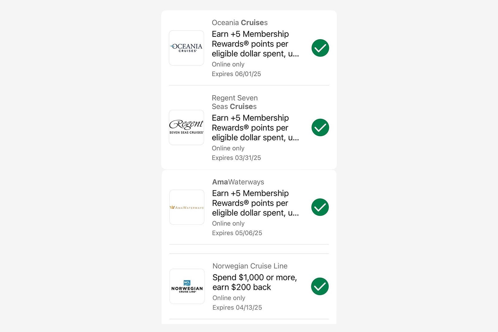 American Express deals from various cruise lines