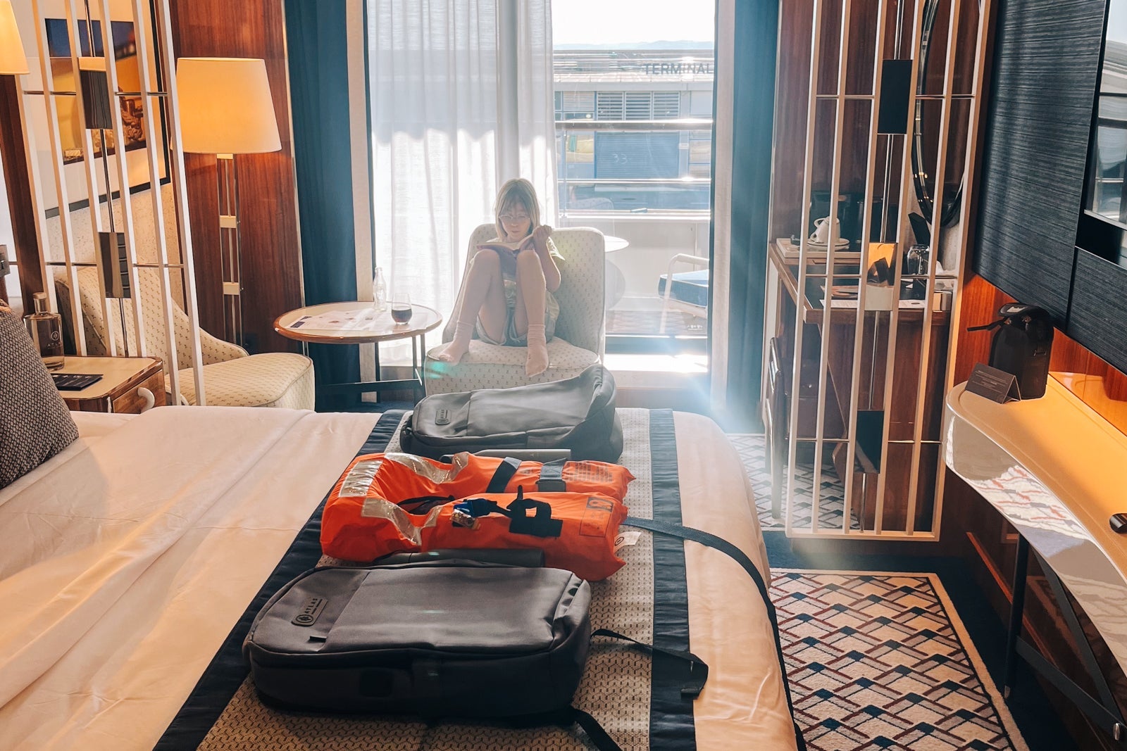 Girl in cruise ship cabin