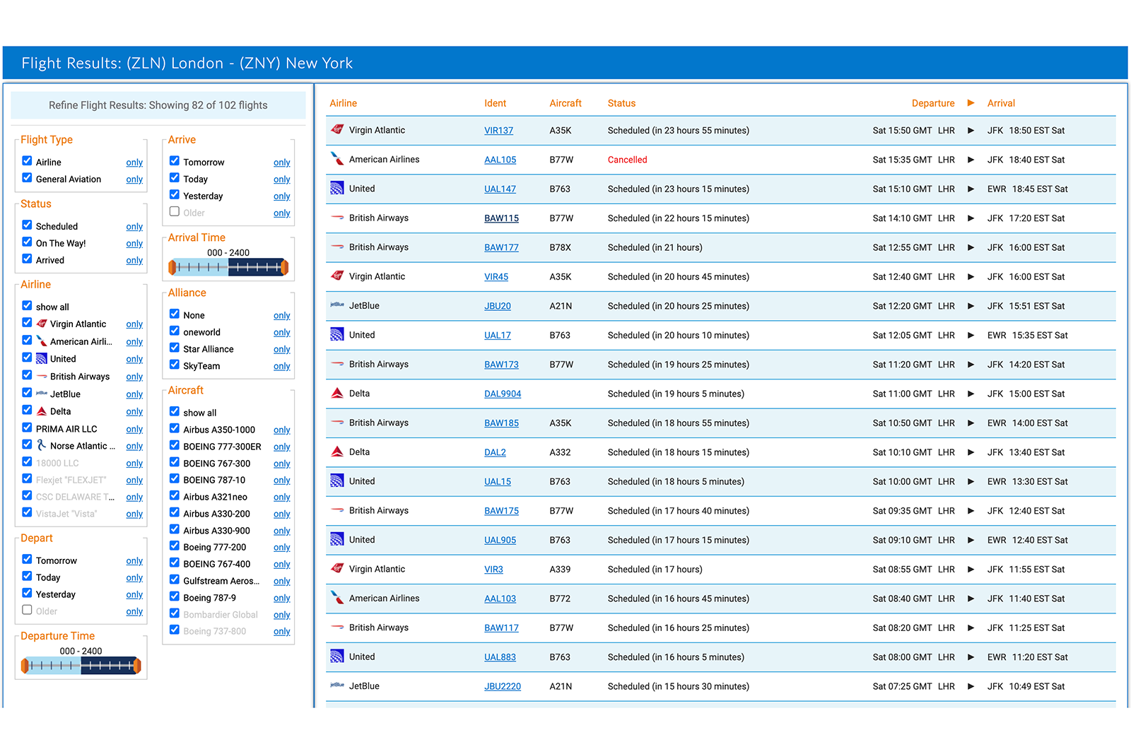 FLIGHTAWARE.COM list of scheduled flights