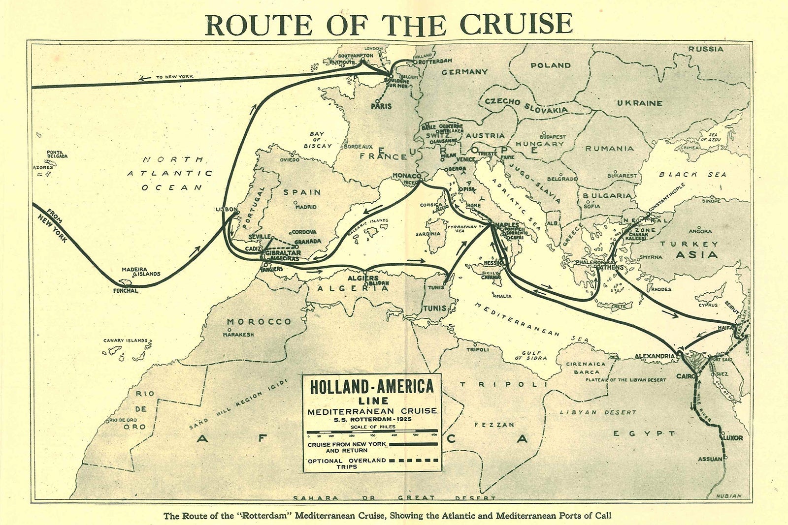 Map of 1925 Holland America Cruise Line Rotterdam Mediterranean Voyage
