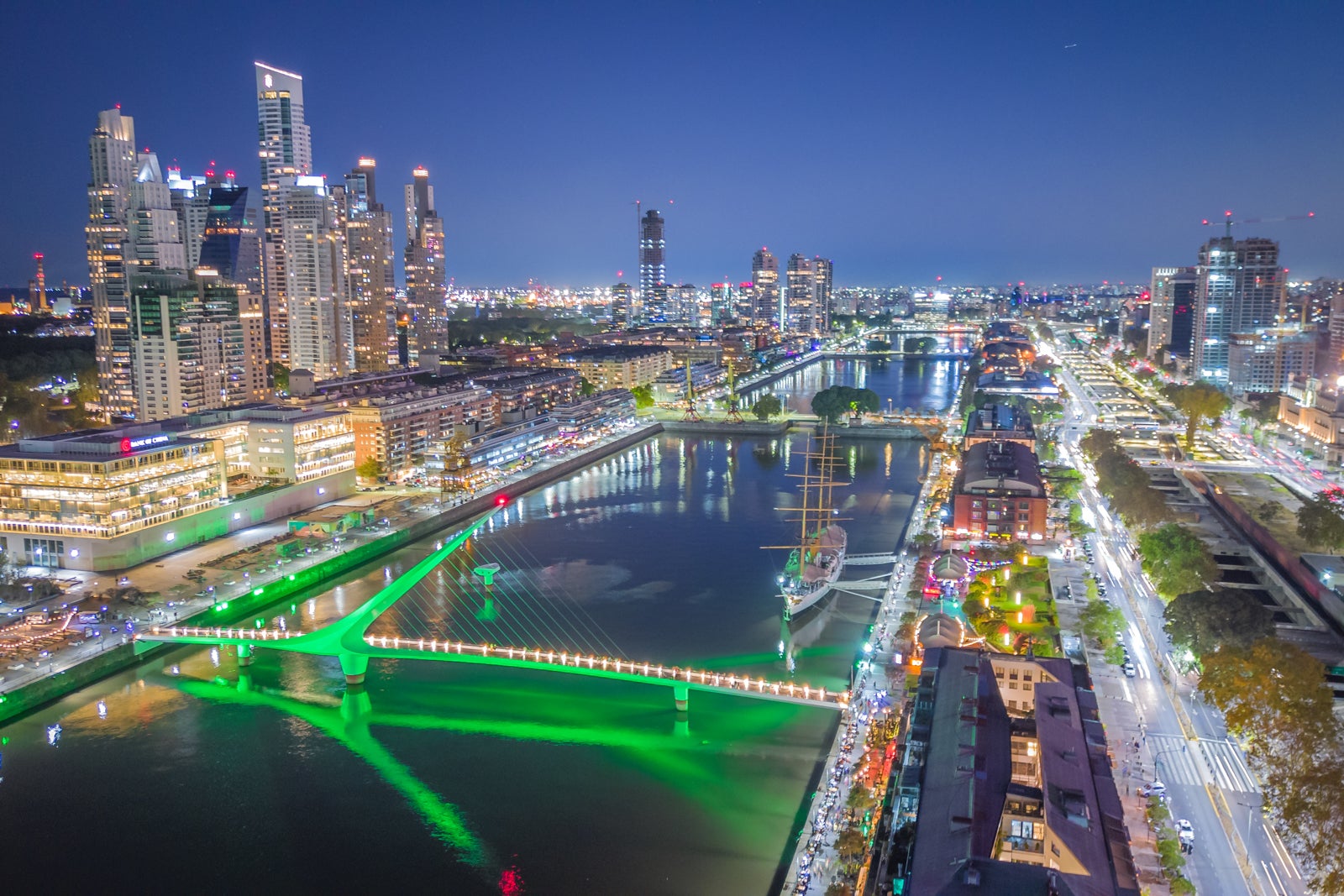 Skyline of Puerto Madero Buenos Aires Argentina Aerial City View at night