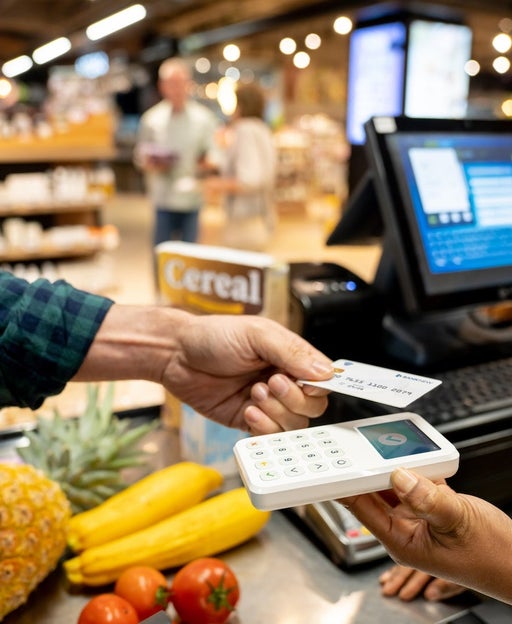 Close-up on a customer making a contactless payment at the supermarket