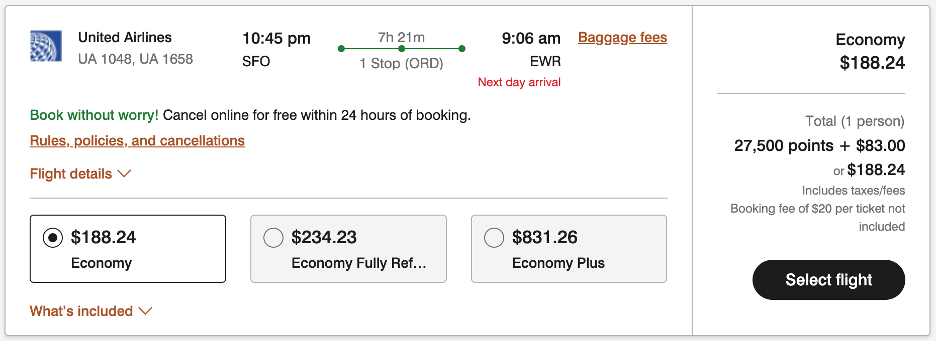 United SFO-EWR flights on Marriott.com