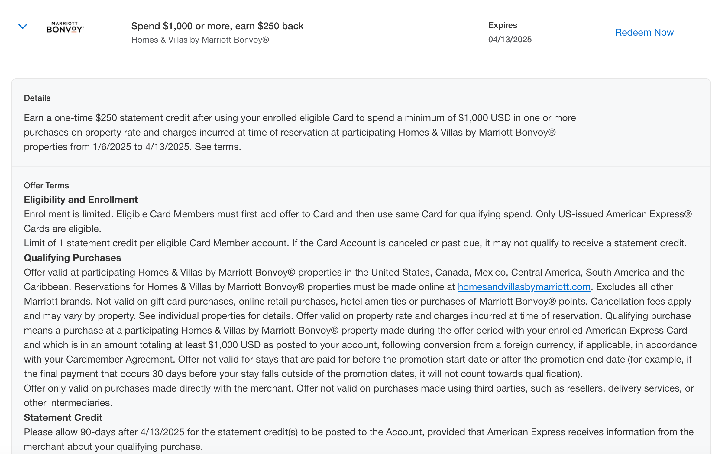 Marriott Homes and Villas offer from Amex.