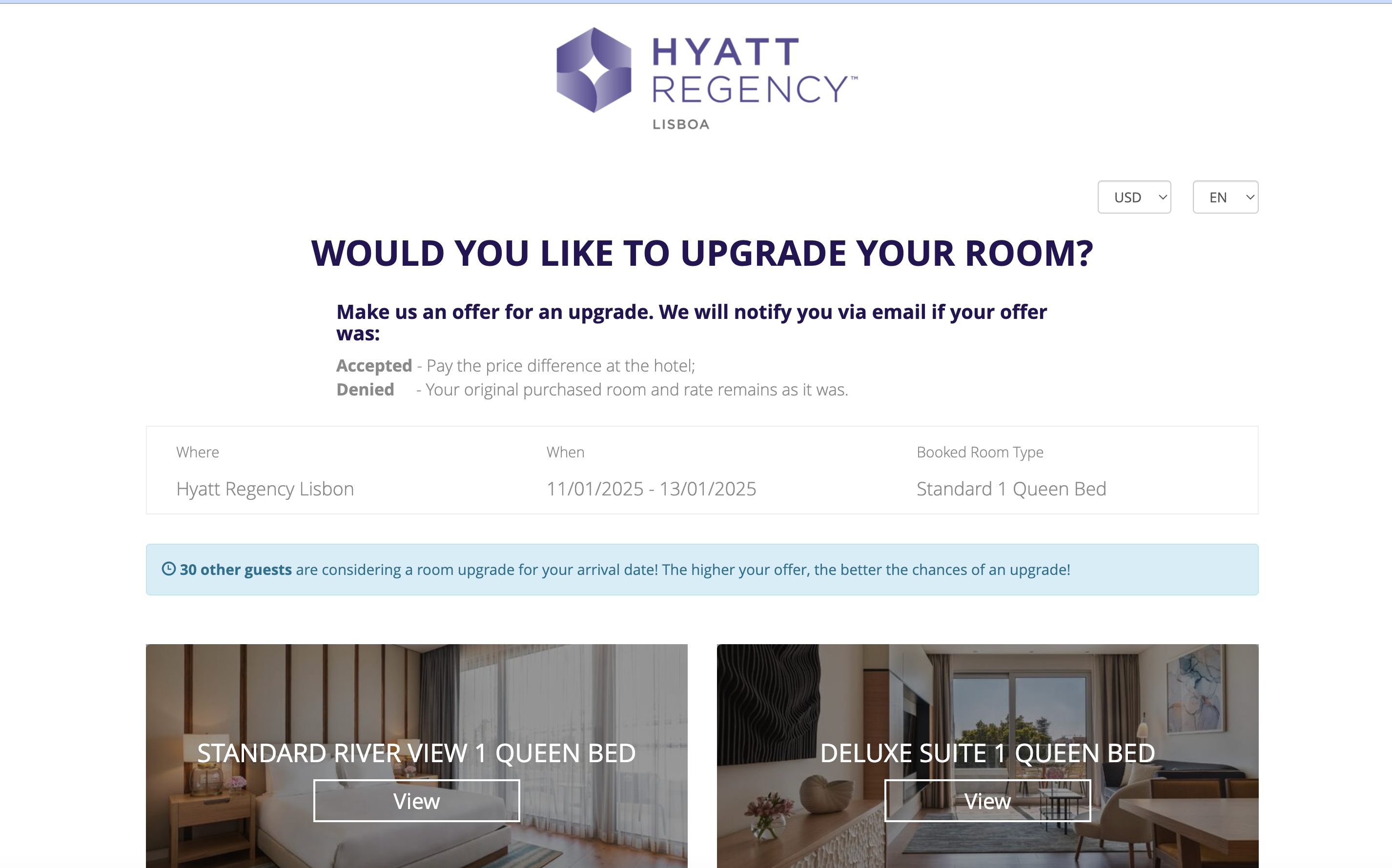 Hyatt Regency Lisbon upgrade offer.
