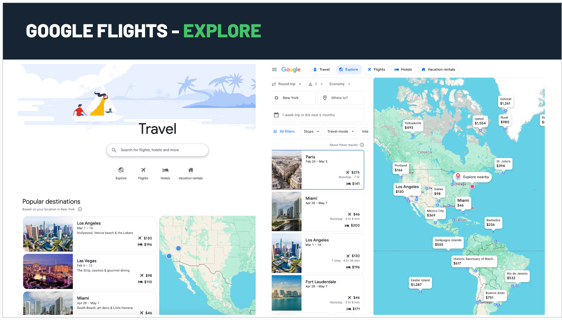 Google Flights Explore maps. GOOGLE
