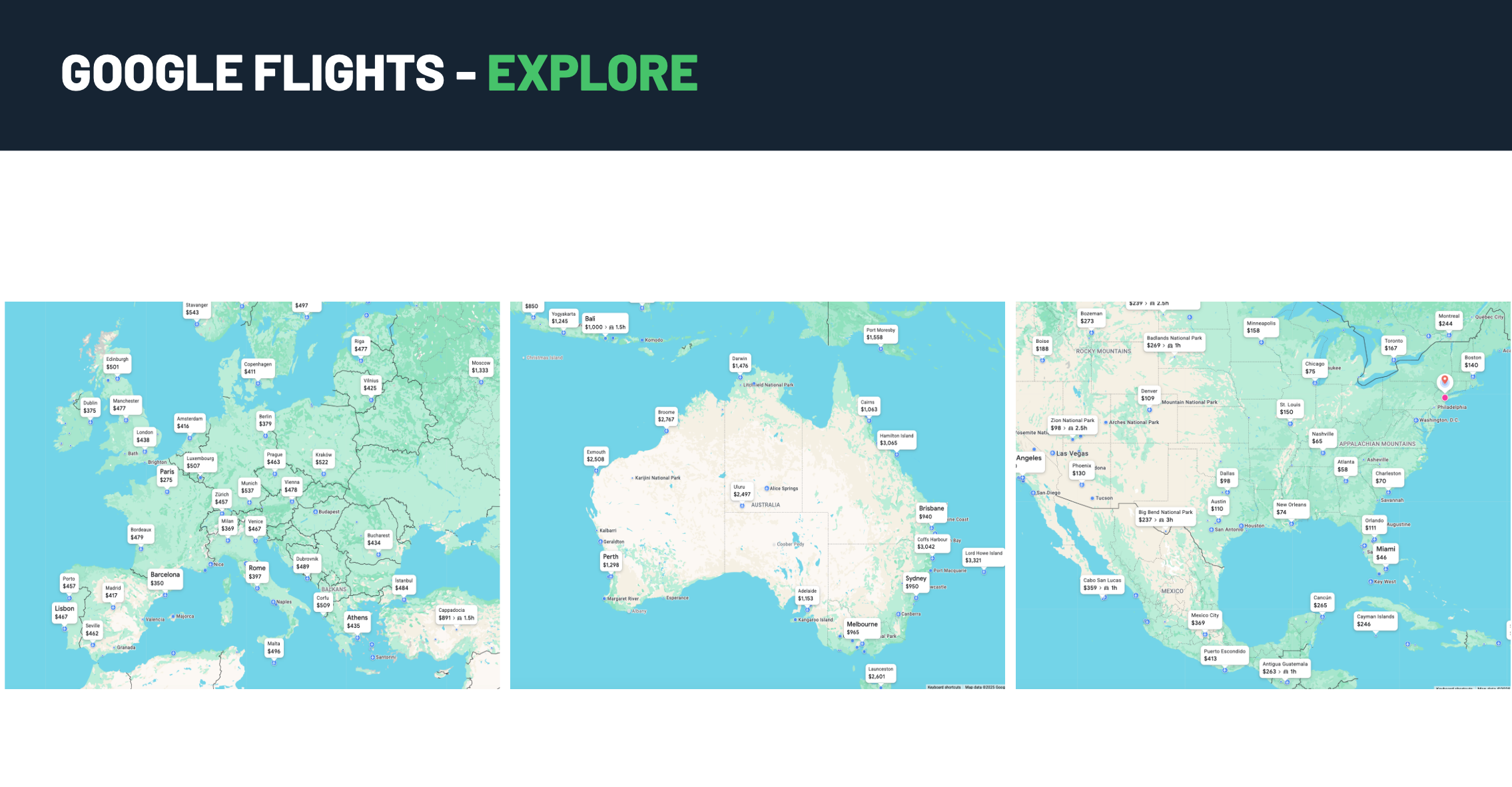Google Flights Explore maps. GOOGLE