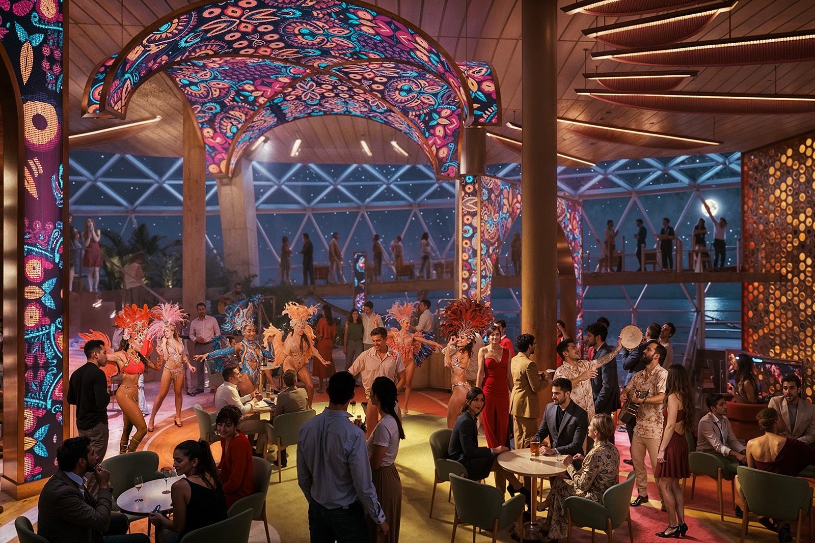 Crowds gather to watch Caribbean dancers on a cruise ship