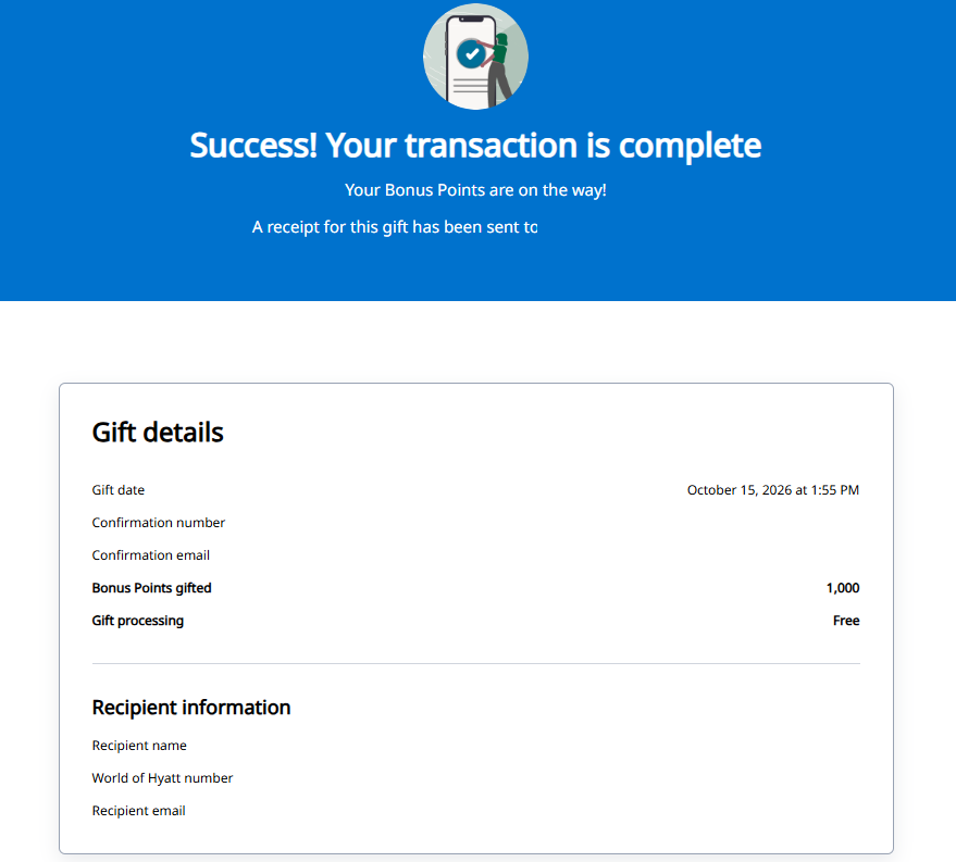 Receipt for transfering Hyatt points to another member