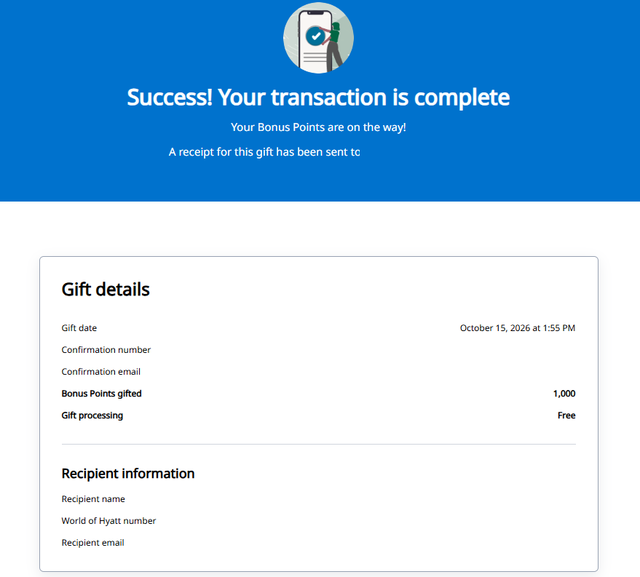 Receipt for transfering Hyatt points to another member