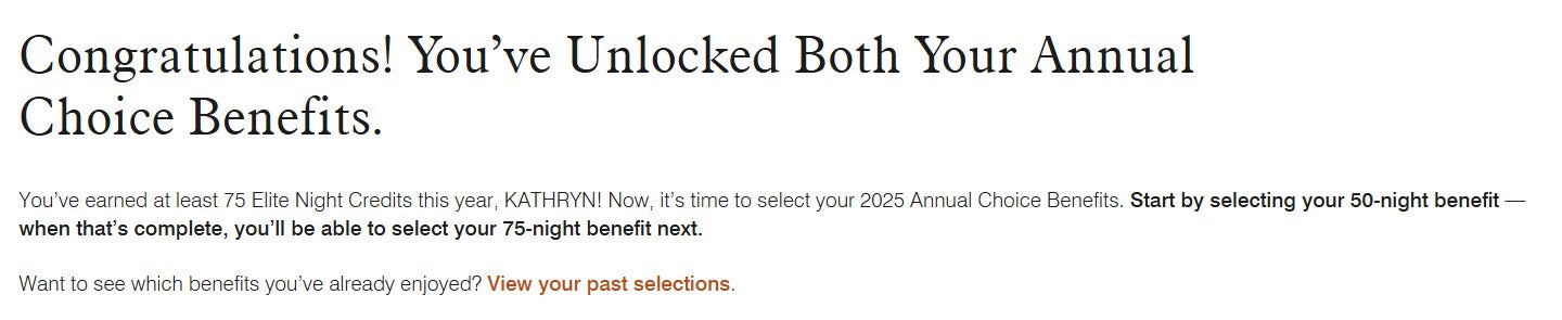 Marriott Choice Benefits message