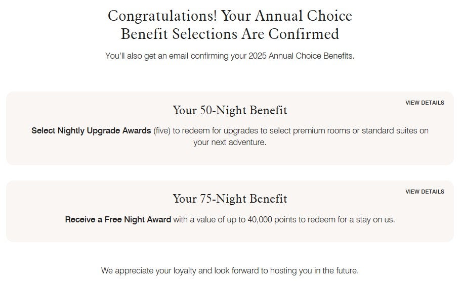 Marriott Choice Benefits confirmation
