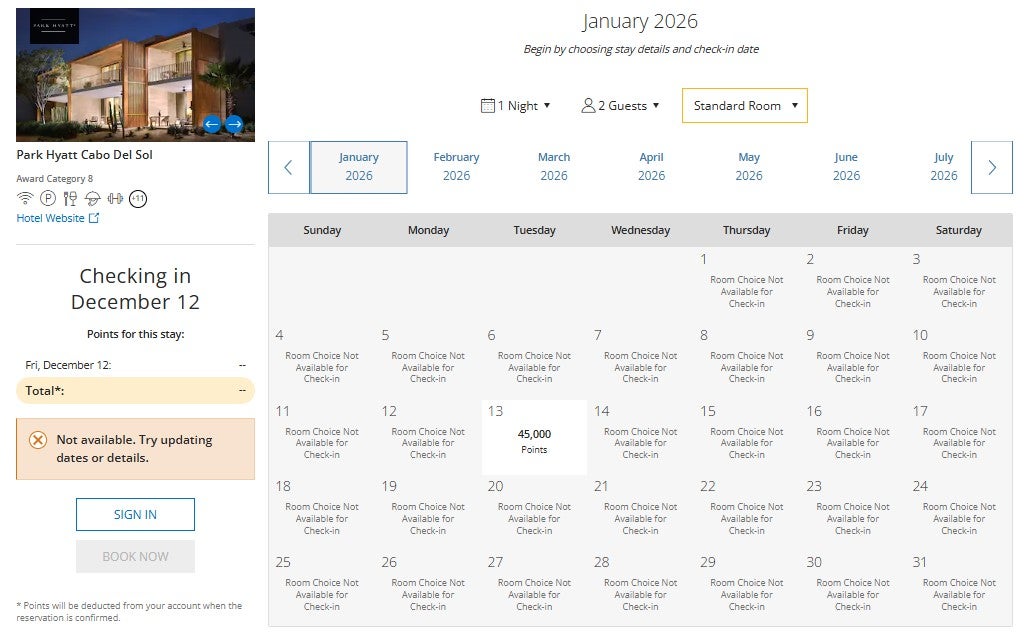 Park Hyatt Los Cabos award pricing