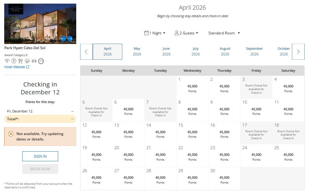 Park Hyatt Los Cabos award pricing