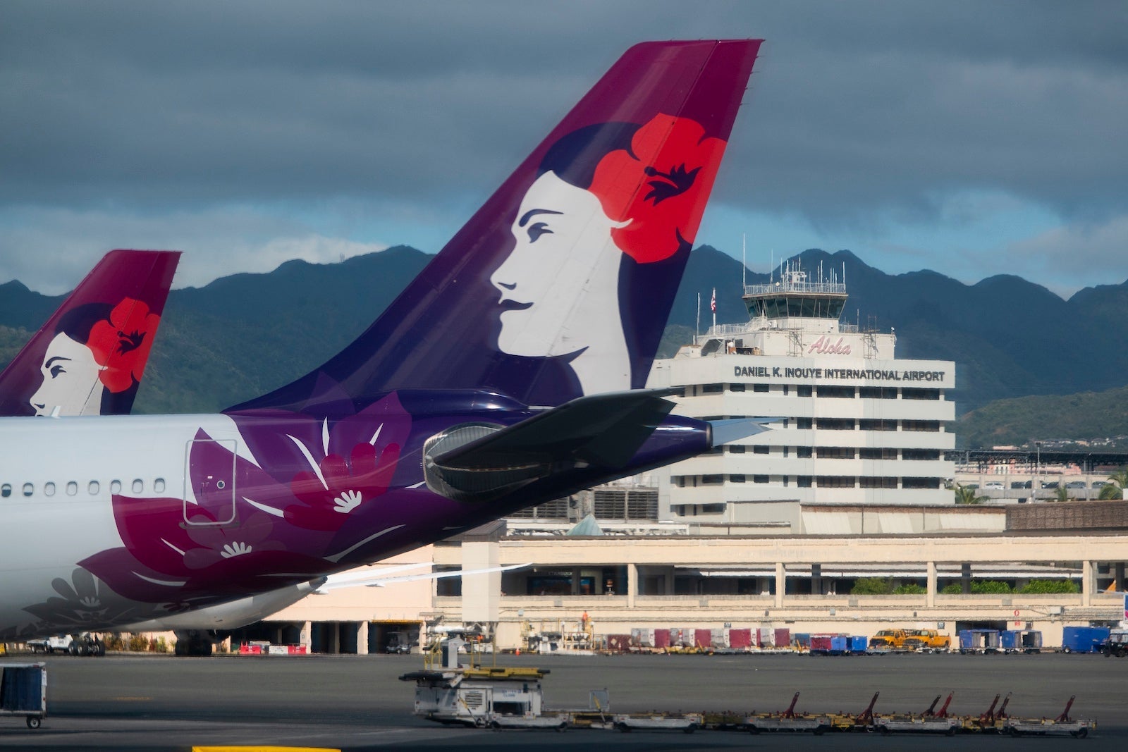 A Hawaiian Airlines jet at Daniel K. Inouye International Airport