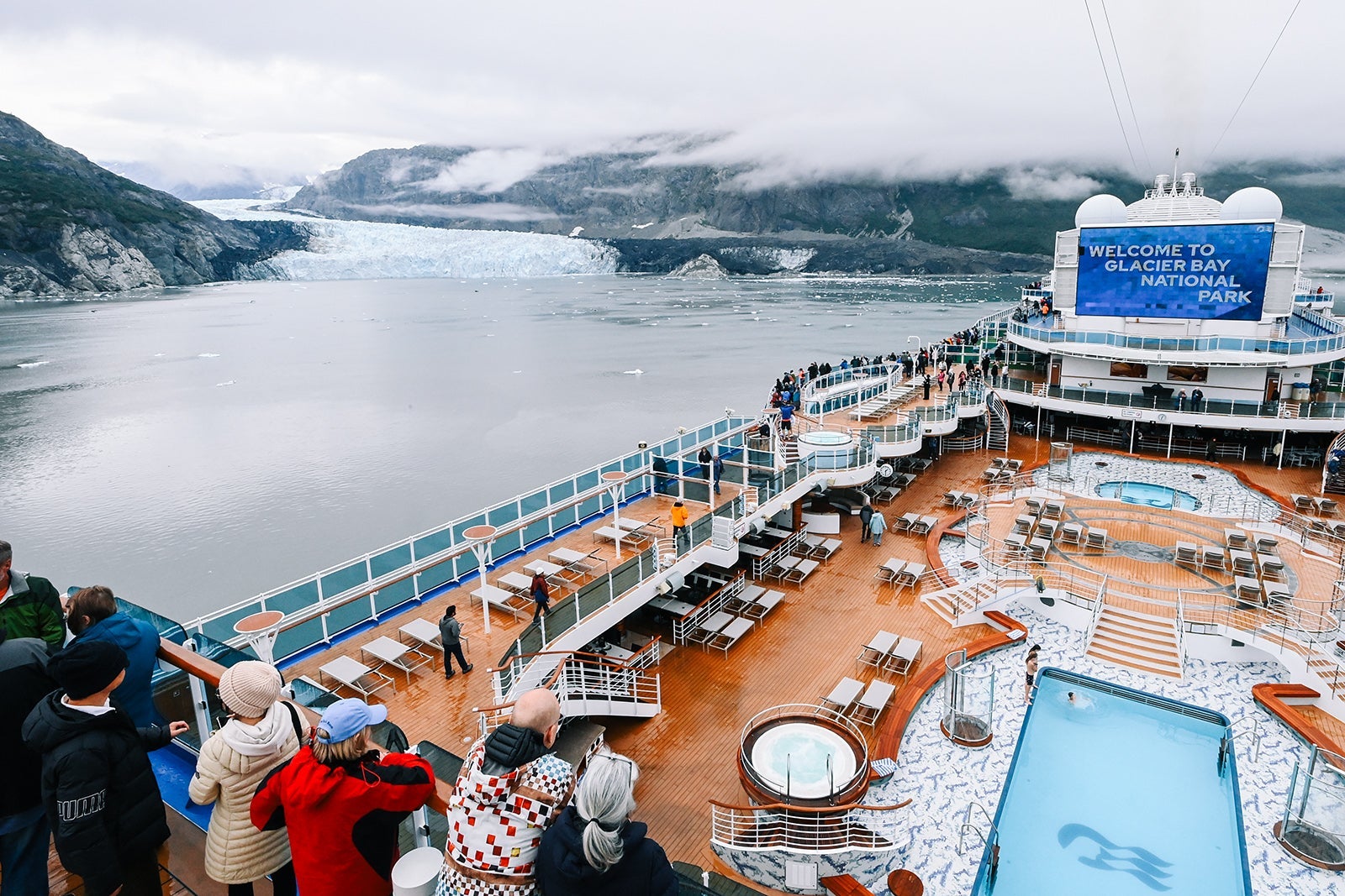 Guests onboard the Royal Princess in Glacier Bay National Park enjoy the view of the Margerie Glacier whilst on their summer vacation