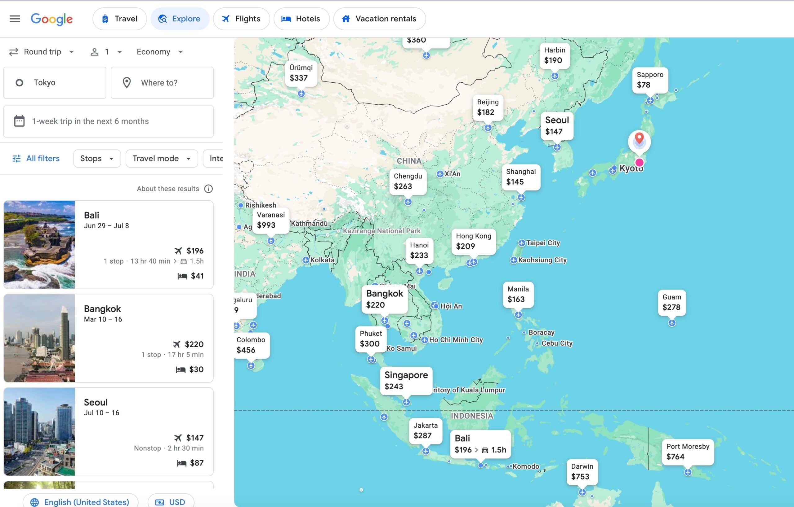Google Flights Explore search from Tokyo.