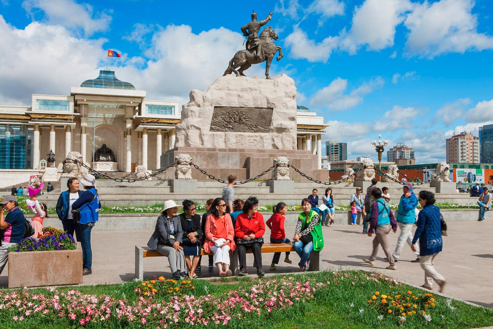 People in Sukhbaatar Square in Ulaanbaatar, Mongolia.