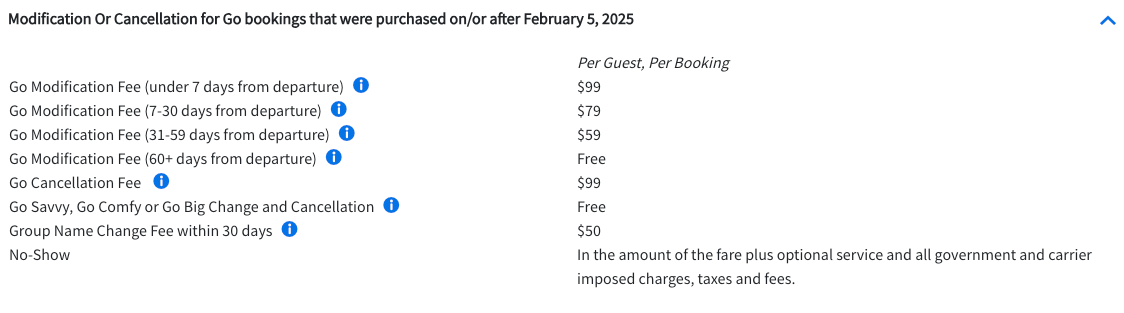 screenshot of Spirit change/cancellation fees