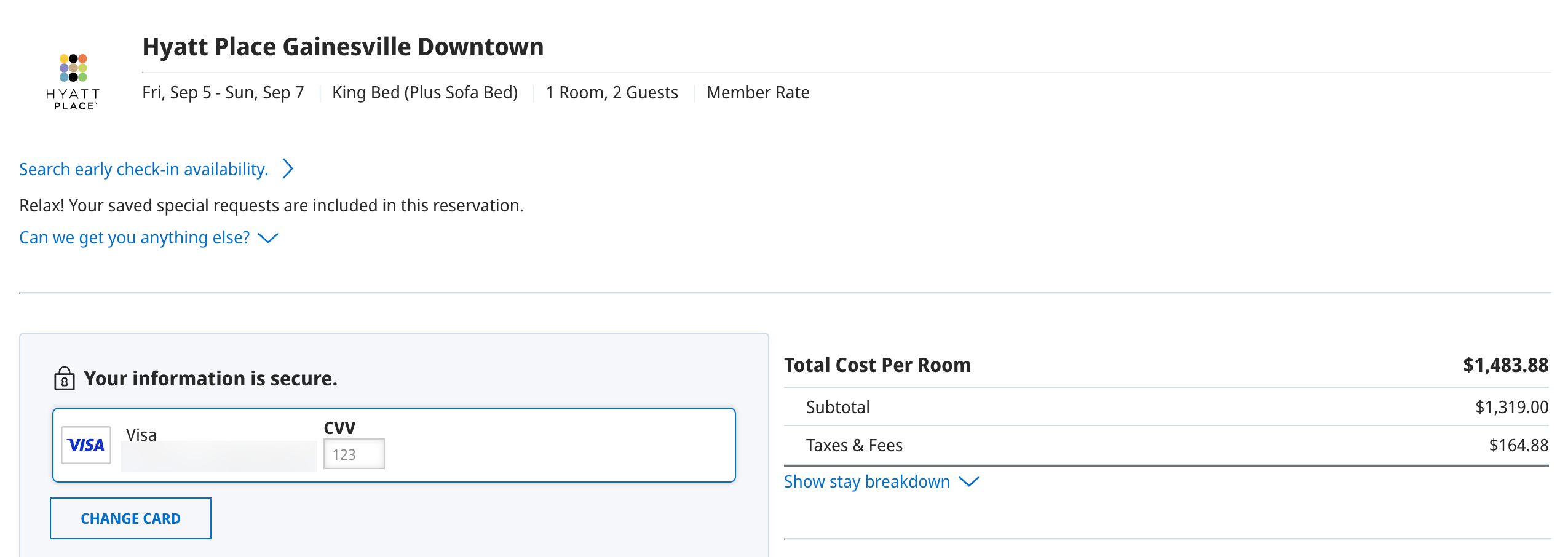 A paid rate at the Hyatt Place in Gainesville, Florida during a Gator football