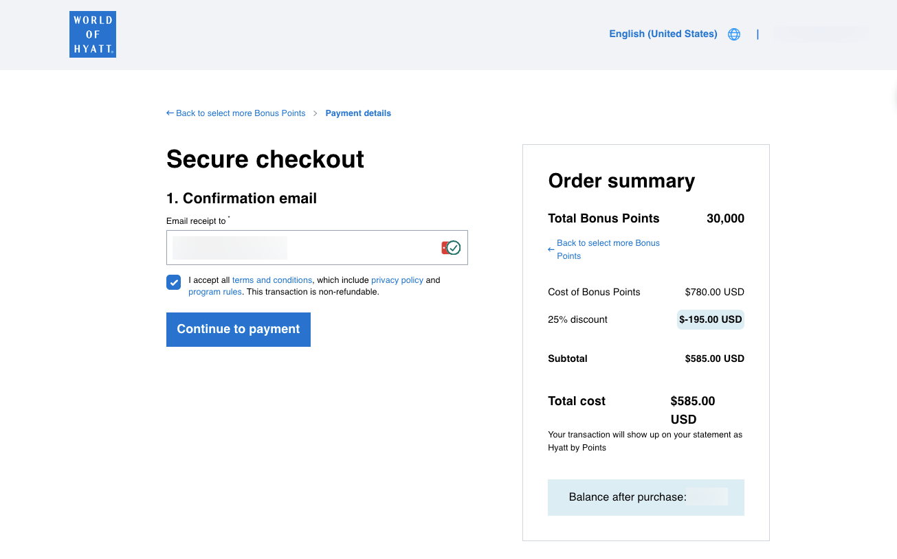 Purchasing 30,000 Hyatt points with a 25% discount promotion