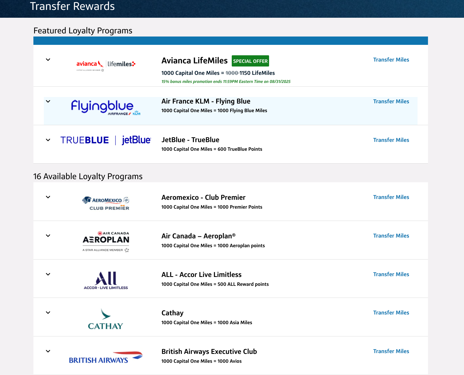 Capital One transfer partners