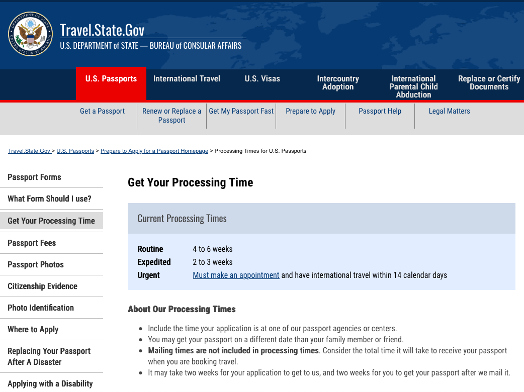 U.S. State Department passport processing times.