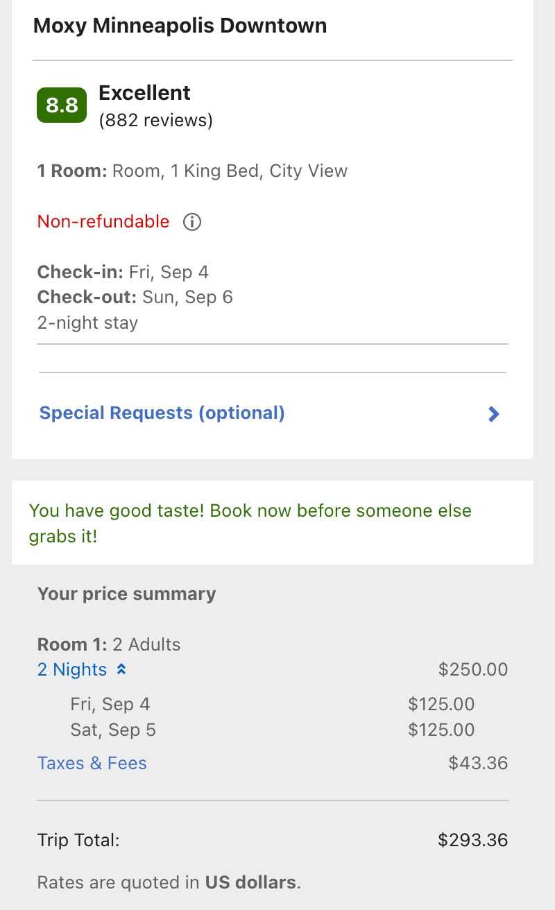 screenshot of hotel booking