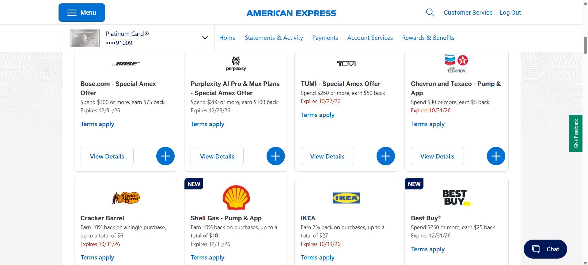 Screenshot of Amex Offers on the Amex Platinum.