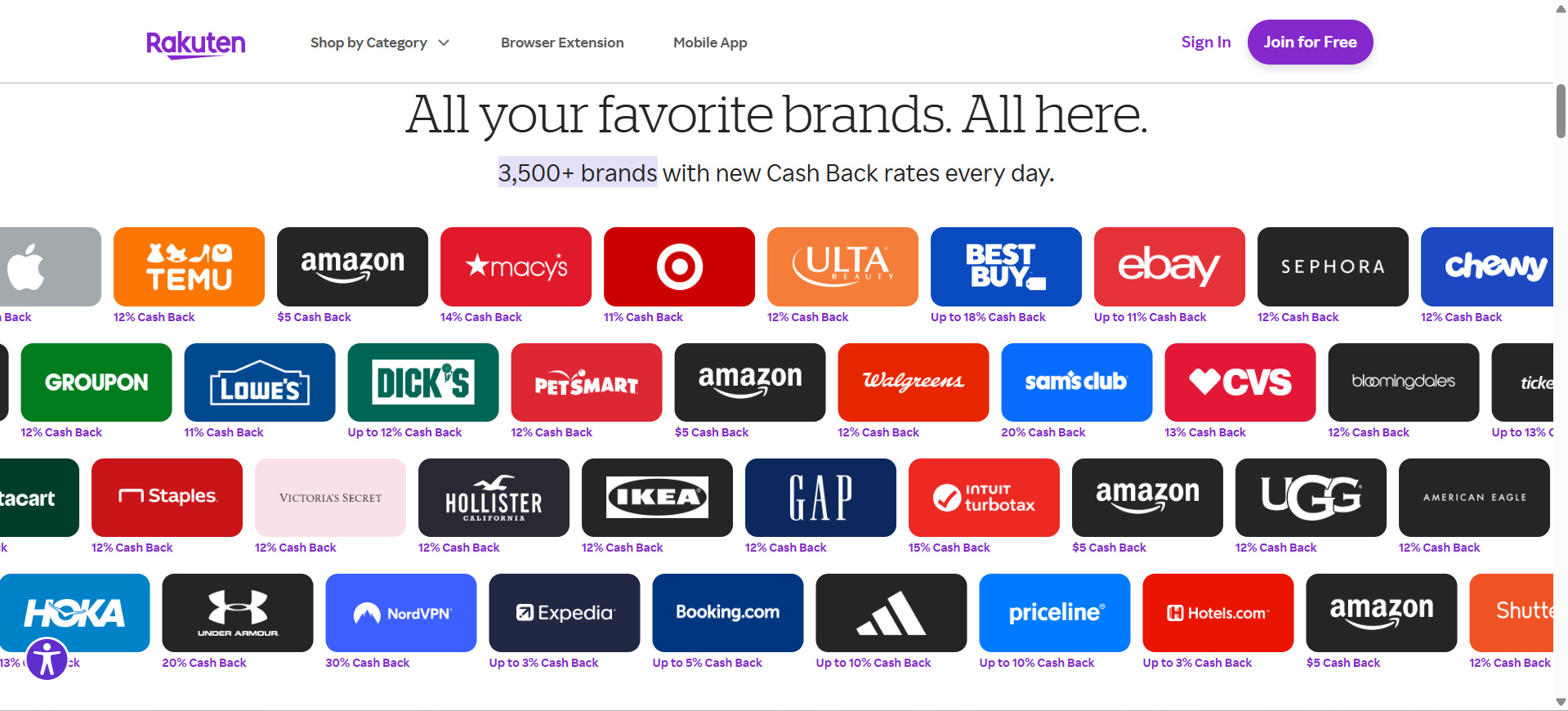 Screenshot of the Rakuten home page.