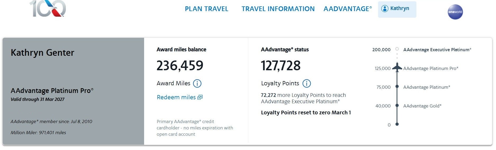 American Airlines profile showing Loyalty Points and award miles